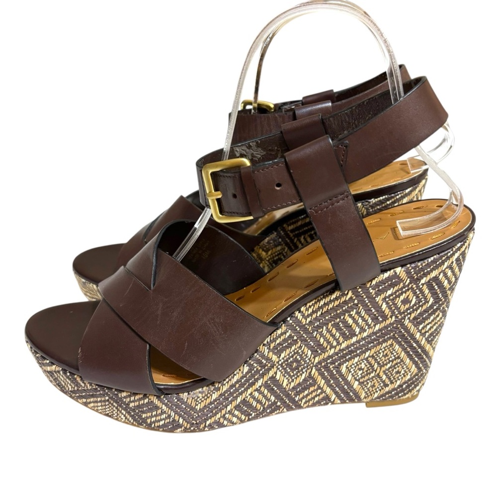 Tahari platform wedges Stevie leather strappy geometric woven sandal size 10 - Picture 4 of 11